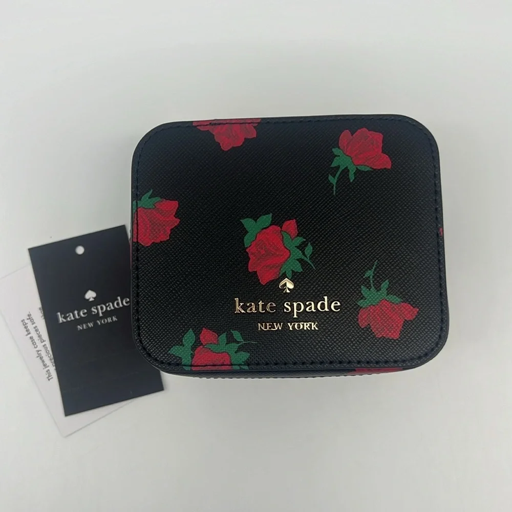 Kate Spade Madison Rose Toss Printed Jewelry Holder Case Box Black Red